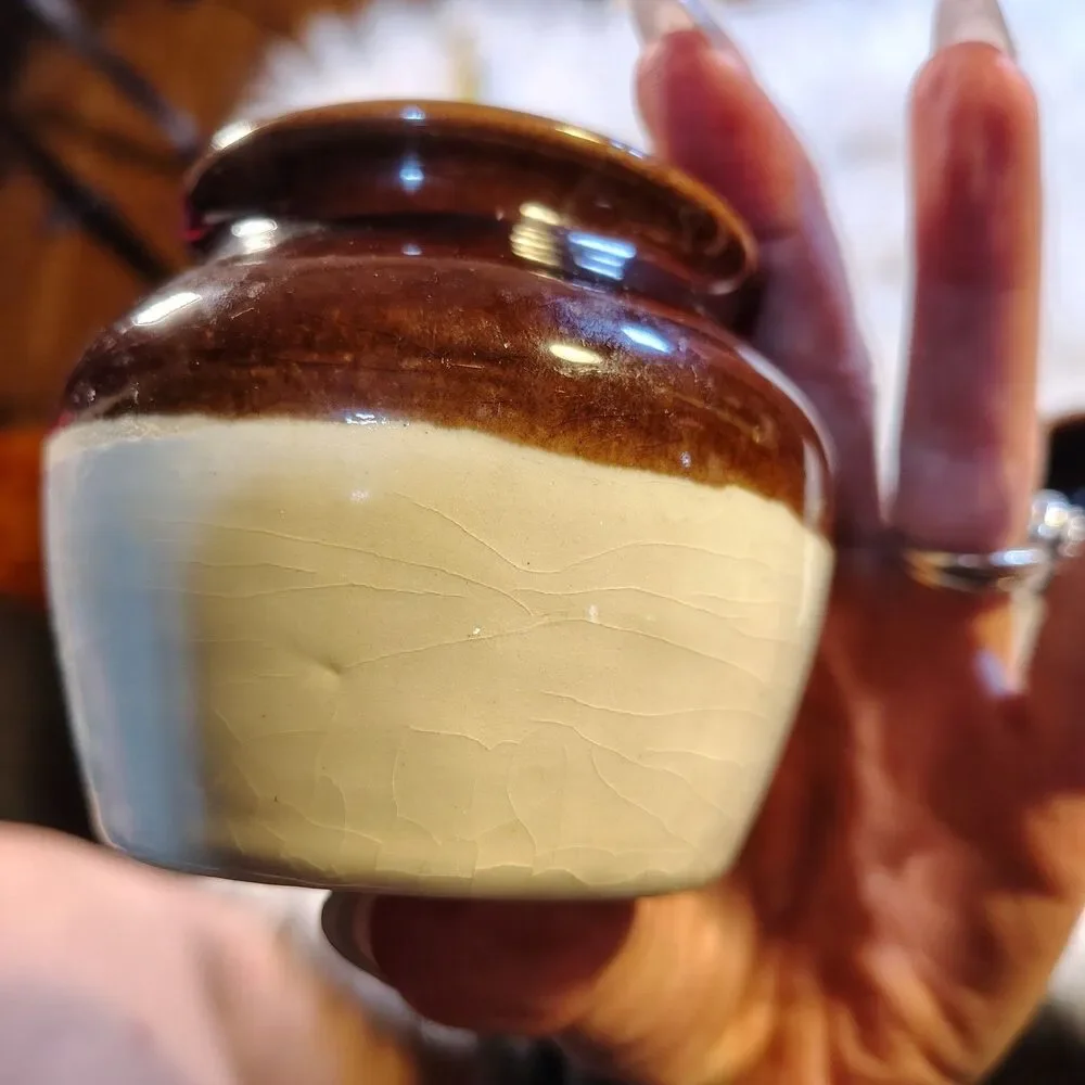 Burnham & Morrill CO Small Stoneware Bean Pot Brown & White Glaze Lot Of 2